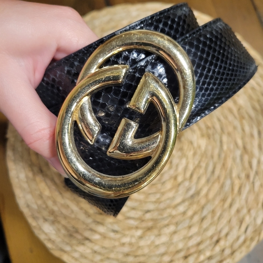 Vintage GUCCI Black Python Snake Leather Belt Gold Buckle GG Size 85 - Picture 5 of 12